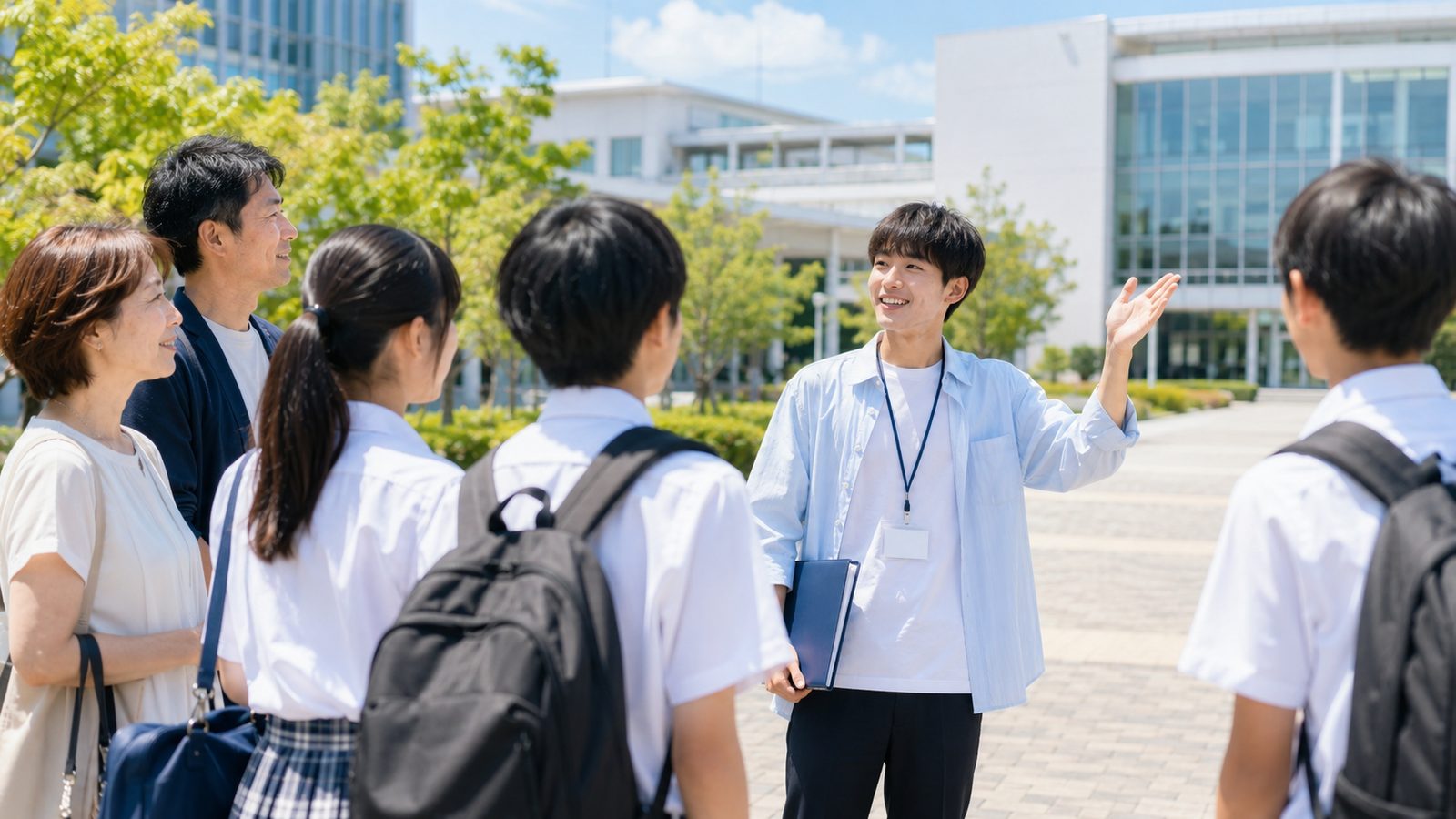オープンキャンパスで在校生が保護者・受験生に校内を案内する様子